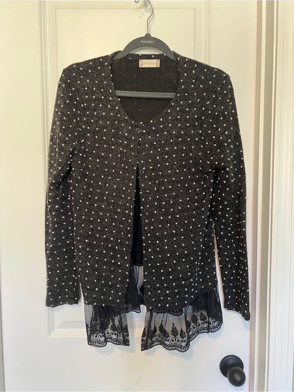 Altar'd State Black Cardigan with Pearl Dots and Lace Trim